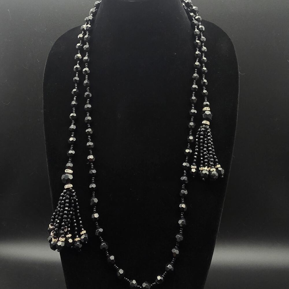 Black Glass Lariat Beaded Necklace Tassel Vintage 1990s Costume Jewelry